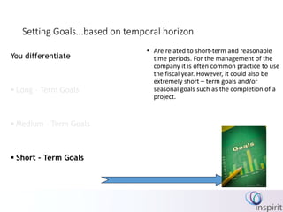 Setting Goals...based on temporal horizon
• Are related to short-term and reasonable
time periods. For the management of the
company it is often common practice to use
the fiscal year. However, it could also be
extremely short – term goals and/or
seasonal goals such as the completion of a
project.
You differentiate
 Long – Term Goals
 Medium – Term Goals
 Short – Term Goals
 