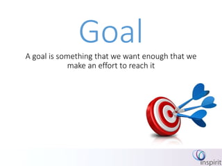 GoalA goal is something that we want enough that we
make an effort to reach it
 