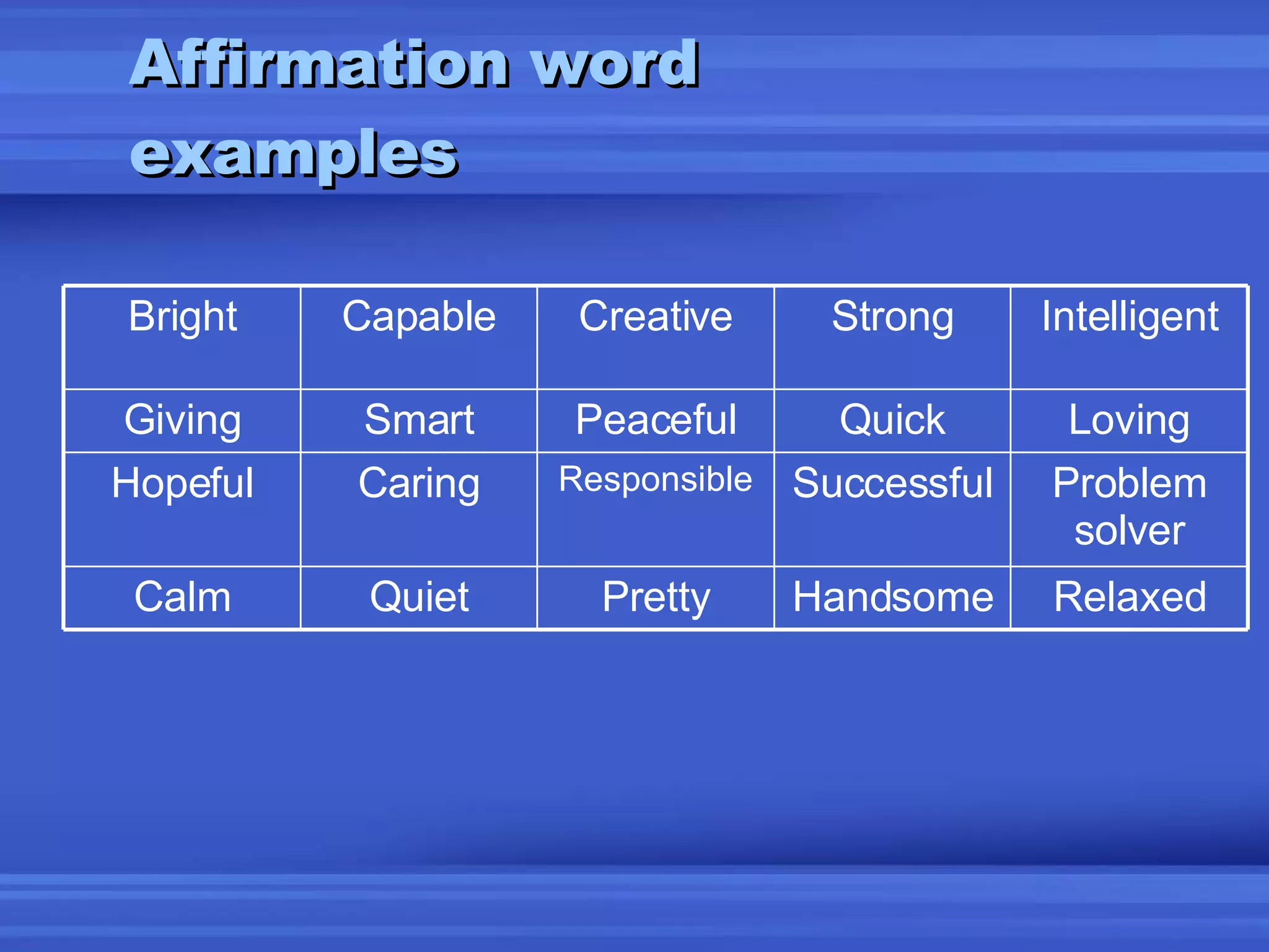 Affirmation word examples Relaxed Handsome Pretty Quiet Calm Problem solver Successful Responsible Caring Hopeful Loving Quick Peaceful Smart Giving Intelligent Strong Creative Capable Bright 