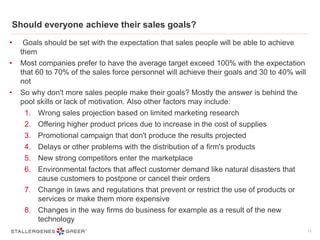 Should everyone achieve their sales goals?
• Goals should be set with the expectation that sales people will be able to achieve
them
• Most companies prefer to have the average target exceed 100% with the expectation
that 60 to 70% of the sales force personnel will achieve their goals and 30 to 40% will
not
• So why don't more sales people make their goals? Mostly the answer is behind the
pool skills or lack of motivation. Also other factors may include:
1. Wrong sales projection based on limited marketing research
2. Offering higher product prices due to increase in the cost of supplies
3. Promotional campaign that don't produce the results projected
4. Delays or other problems with the distribution of a firm's products
5. New strong competitors enter the marketplace
6. Environmental factors that affect customer demand like natural disasters that
cause customers to postpone or cancel their orders
7. Change in laws and regulations that prevent or restrict the use of products or
services or make them more expensive
8. Changes in the way firms do business for example as a result of the new
technology
11
 
