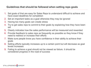 Guidelines that should be followed when setting reps goals
1. Set goals of that are easy for Sales Reps to understand difficult to achieve and
have exact deadlines for completion
2. Set an important tasks as a goal otherwise they may be ignored
3. Having too many goals can create stress
4. Try to get sales reps to commit to their goals by explaining how they have been
set
5. Clearly indicates how the sales performance will be measured and rewarded
6. Provide feedback to sales reps as frequently as possible so they know if they
need to redirect or increase their efforts
7. Make sure people know you have confidence in their ability to achieve their
goals
8. Selling efforts typically increases up to a certain point but will decrease as goal
levels increases
9. Failing to achieve a goal should not be viewed as failure. it should be
considered progress in the road of success
15
 