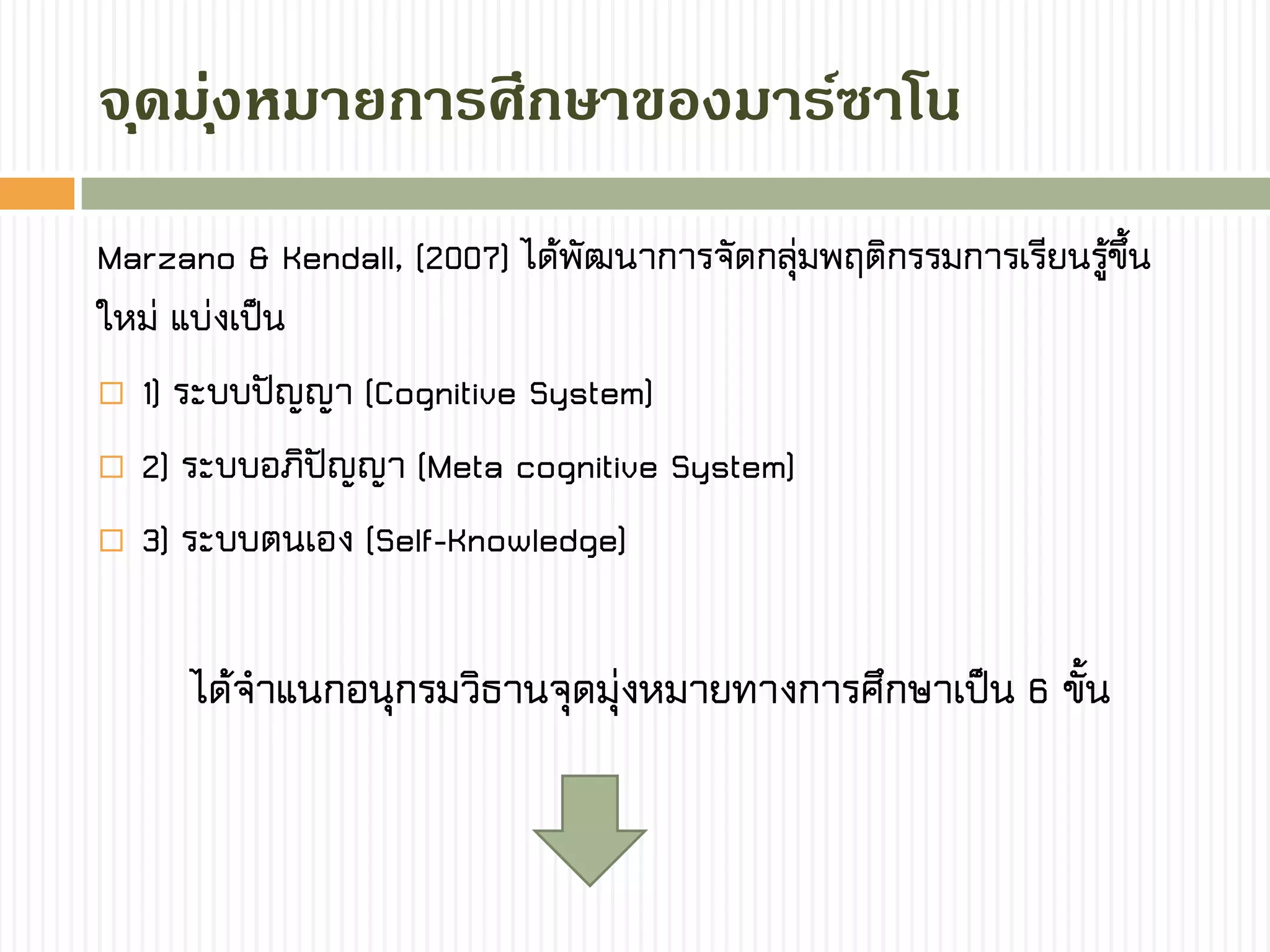จุดมุ่งหมำยกำรศึกษำของมำร์ซำโน
Marzano & Kendall, (2007) ได้พัฒนาการจัดกลุ่มพฤติกรรมการเรียนรู้ขึ้น
ใหม่ แบ่งเป็น
 1) ระบบปัญญา (Cognitive System)
 2) ระบบอภิปัญญา (Meta cognitive System)
 3) ระบบตนเอง (Self-Knowledge)
ได้จาแนกอนุกรมวิธานจุดมุ่งหมายทางการศึกษาเป็น 6 ขั้น
 