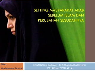 SETTING MASYARAKAT ARAB
                         SEBELUM ISLAM DAN
                    PERUBAHAN SESUDAHNYA




Oleh :            KONSENTRASI DAKWAH - PROGRAM PASCASARJANA
Mochammad Dawud              IAIN SUNAN AMPEL 2012
 