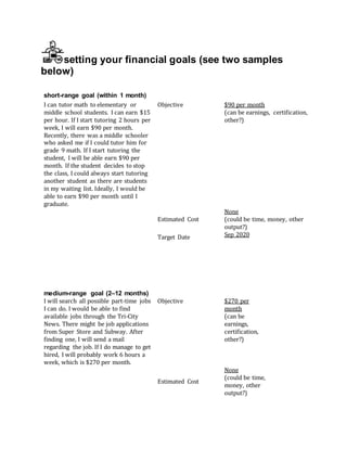 setting your financial goals (see two samples
below)
short-range goal (within 1 month)
I can tutor math to elementary or
middle school students. I can earn $15
per hour. If I start tutoring 2 hours per
week, I will earn $90 per month.
Recently, there was a middle schooler
who asked me if I could tutor him for
grade 9 math. If I start tutoring the
student, I will be able earn $90 per
month. If the student decides to stop
the class, I could always start tutoring
another student as there are students
in my waiting list. Ideally, I would be
able to earn $90 per month until I
graduate.
Objective $90 per month
(can be earnings, certification,
other?)
Estimated Cost
None
(could be time, money, other
output?)
Target Date Sep 2020
medium-range goal (2–12 months)
I will search all possible part-time jobs
I can do. I would be able to find
available jobs through the Tri-City
News. There might be job applications
from Super Store and Subway. After
finding one, I will send a mail
regarding the job. If I do manage to get
hired, I will probably work 6 hours a
week, which is $270 per month.
Objective $270 per
month
(can be
earnings,
certification,
other?)
Estimated Cost
None
(could be time,
money, other
output?)
 