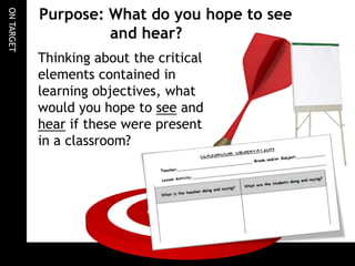 ONTARGET
Purpose: What do you hope to see
and hear?
Thinking about the critical
elements contained in
learning objectives, what
would you hope to see and
hear if these were present
in a classroom?
 