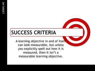 ONTARGET
A learning objective in and of itself
can look measurable, but unless
you explicitly spell out how it is
measured, then it isn’t a
measurable learning objective.
SUCCESS CRITERIA
 