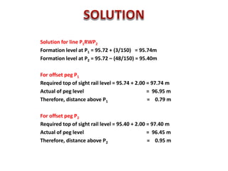Solution for line P1RWP2
Formation level at P1 = 95.72 + (3/150) = 95.74m
Formation level at P2 = 95.72 – (48/150) = 95.40m
For offset peg P1
Required top of sight rail level = 95.74 + 2.00 = 97.74 m
Actual of peg level = 96.95 m
Therefore, distance above P1 = 0.79 m
For offset peg P2
Required top of sight rail level = 95.40 + 2.00 = 97.40 m
Actual of peg level = 96.45 m
Therefore, distance above P2 = 0.95 m
 