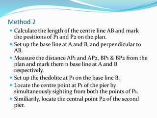 Method 2
 Calculate the length of the centre line AB and mark
the positions of P1 and P2 on the plan.
 Set up the base line at A and B, and perpendicular to
AB.
 Measure the distance AP1 and AP2, BP1 & BP2 from the
plan and mark them n base line at A and B
respectively.
 Set up the thedolite at P1 on the base line B.
 Locate the centre point at P1 of the pier by
simultaneously sighting from both the points of P1.
 Similiarily, locate the central point P2 of the second
pier.
 