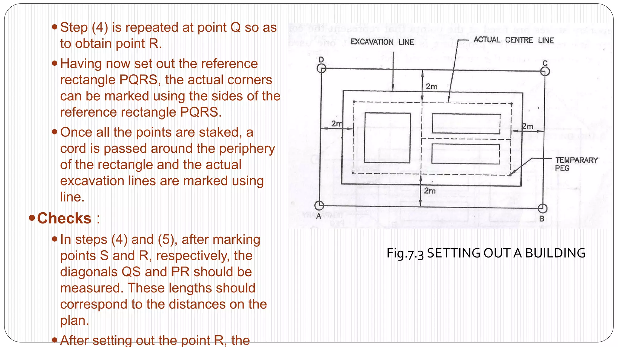 Fig.7.3 SETTING OUT A BUILDING
Step (4) is repeated at point Q so as
to obtain point R.
Having now set out the reference
rectangle PQRS, the actual corners
can be marked using the sides of the
reference rectangle PQRS.
Once all the points are staked, a
cord is passed around the periphery
of the rectangle and the actual
excavation lines are marked using
line.
Checks :
In steps (4) and (5), after marking
points S and R, respectively, the
diagonals QS and PR should be
measured. These lengths should
correspond to the distances on the
plan.
After setting out the point R, the
 