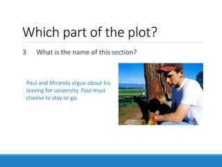 3 What is the name of this section?
Paul and Miranda argue about his
leaving for university. Paul must
choose to stay or go.
Which part of the plot?
 