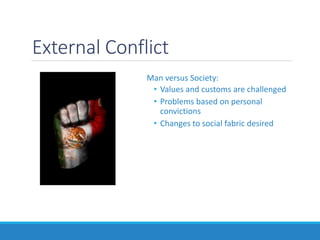 External Conflict
Man versus Society:
• Values and customs are challenged
• Problems based on personal
convictions
• Changes to social fabric desired
 