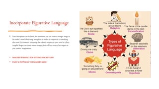 Incorporate Figurative Language
• Your descriptions can be literal, but sometimes you can create a stronger image in
the reader’s mind when using metaphors or similes to compare it to something
else visual. For instance, comparing the volcanic eruption in your novel to a fiery,
vengeful dragon can create intense imagery that will have more of an impact on
your readers’ imaginations.
• IMAGERY IS PERFECT FOR SETTING DESCRIPTIONS
• PAINT A PICTURE IN THE READER’S MIND
 