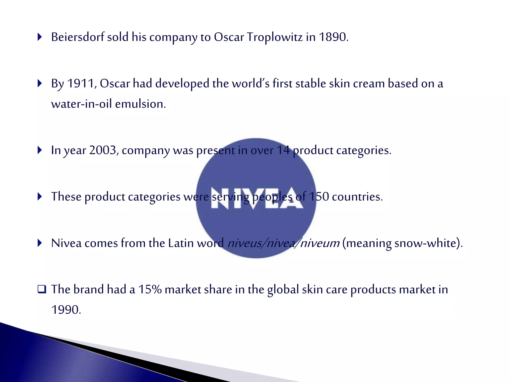  Beiersdorf sold his company to OscarTroplowitz in 1890.
 By 1911, Oscarhad developed the world’s first stable skin creambased on a
water-in-oil emulsion.
 In year 2003, company was present in over 14 product categories.
 These product categories were serving peoples of 150 countries.
 Nivea comes from the Latin word niveus/nivea/niveum (meaning snow-white).
 Thebrand had a 15% market share in the global skin careproducts marketin
1990.
 