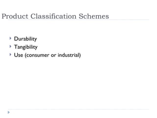 Product Classification Schemes Durability Tangibility Use (consumer or industrial) 