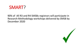 SMART?
90% of All R3 and R4 SMSBs registrars will participate in
Research Methodology workshops delivered by SMSB by
December 2020
 