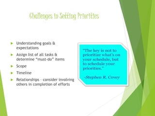 Challenges in Setting Priorities
 Understanding goals &
expectations
 Assign list of all tasks &
determine “must-do” items
 Scope
 Timeline
 Relationships – consider involving
others in completion of efforts
 