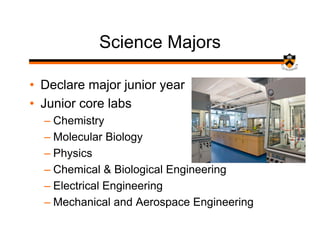 Science Majors

• Declare major junior year
• Junior core labs
  – Chemistry
  – Molecular Biology
  – Physics
  – Chemical & Biological Engineering
  – Electrical Engineering
  – Mechanical and Aerospace Engineering
 