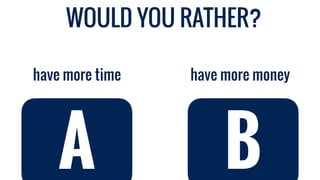 WOULD YOU RATHER?
have more money
have more time
A B
 
