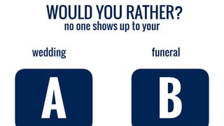 no one shows up to your
funeral
wedding
A B
WOULD YOU RATHER?
 