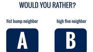 A
high five neighbor
fist bump neighbor
A B
WOULD YOU RATHER?
 