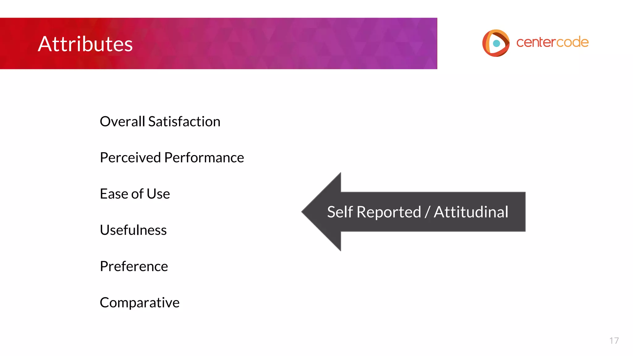 Attributes
17
Overall Satisfaction
Perceived Performance
Ease of Use
Usefulness
Preference
Comparative
Self Reported / Attitudinal
 