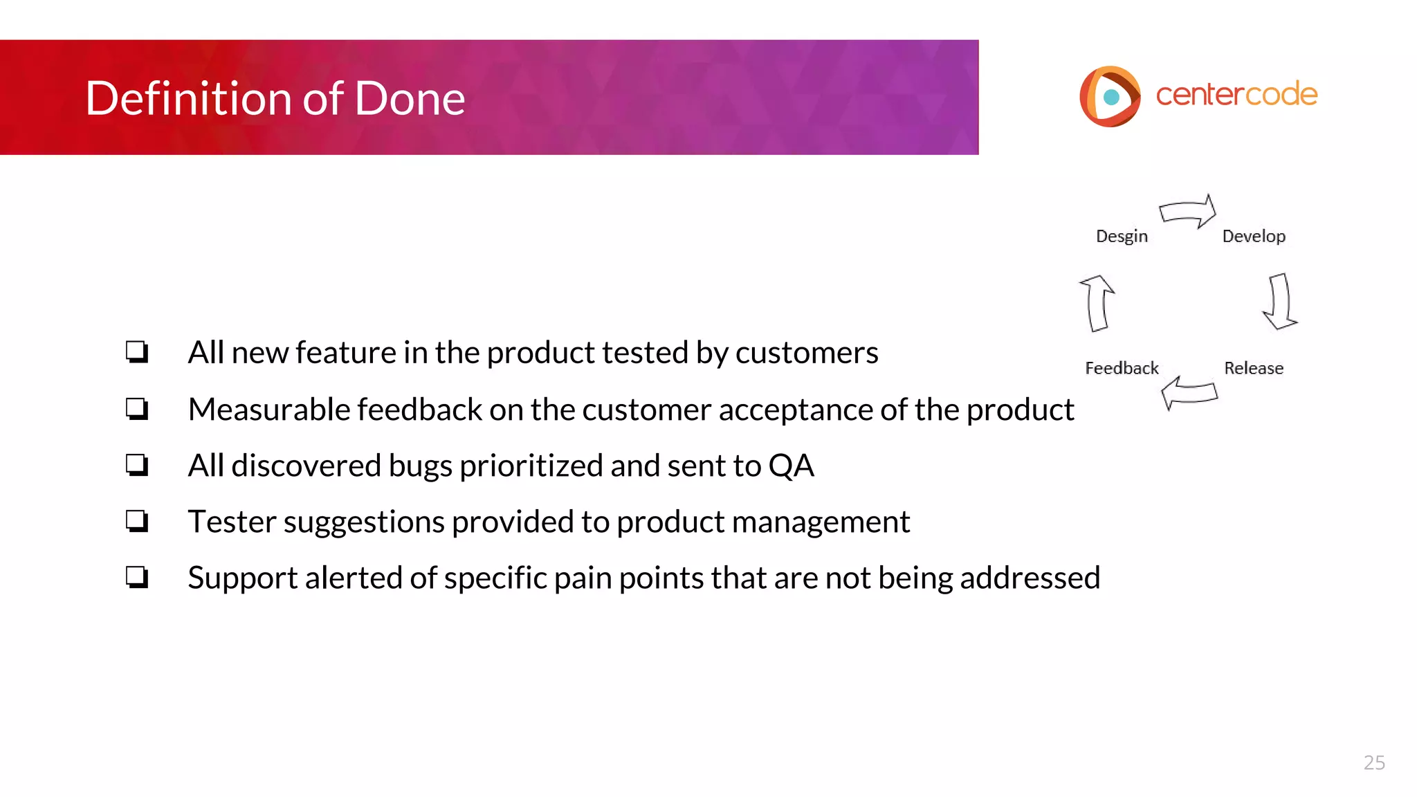 Definition of Done
❏ All new feature in the product tested by customers
❏ Measurable feedback on the customer acceptance of the product
❏ All discovered bugs prioritized and sent to QA
❏ Tester suggestions provided to product management
❏ Support alerted of specific pain points that are not being addressed
25
 
