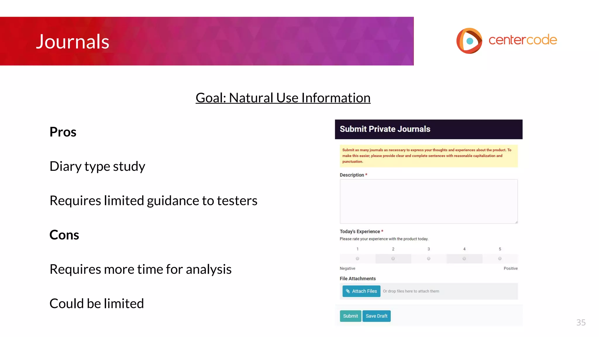 Journals
Goal: Natural Use Information
Pros
Diary type study
Requires limited guidance to testers
Cons
Requires more time for analysis
Could be limited
35
 