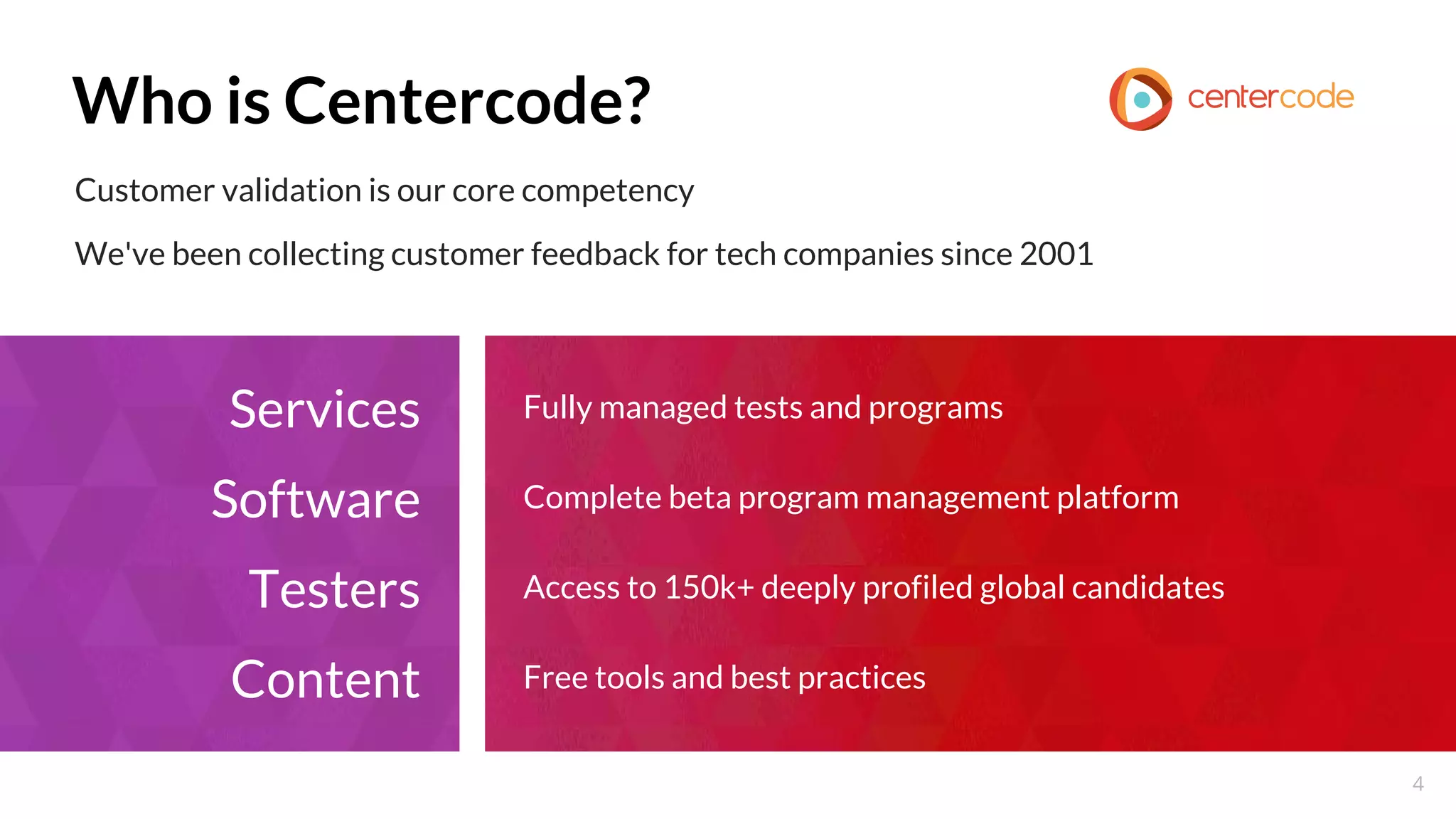 4
Who is Centercode?
Services Fully managed tests and programs
Software Complete beta program management platform
Testers Access to 150k+ deeply profiled global candidates
Content Free tools and best practices
Customer validation is our core competency
We've been collecting customer feedback for tech companies since 2001
 