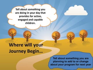 Tell about something you
  are doing in your day that
     provides for active,
    engaged and capable
          children.




Where will your
Journey Begin…
                                 Tell about something you are
                                 planning to add to or change
                               about your program for next year
 
