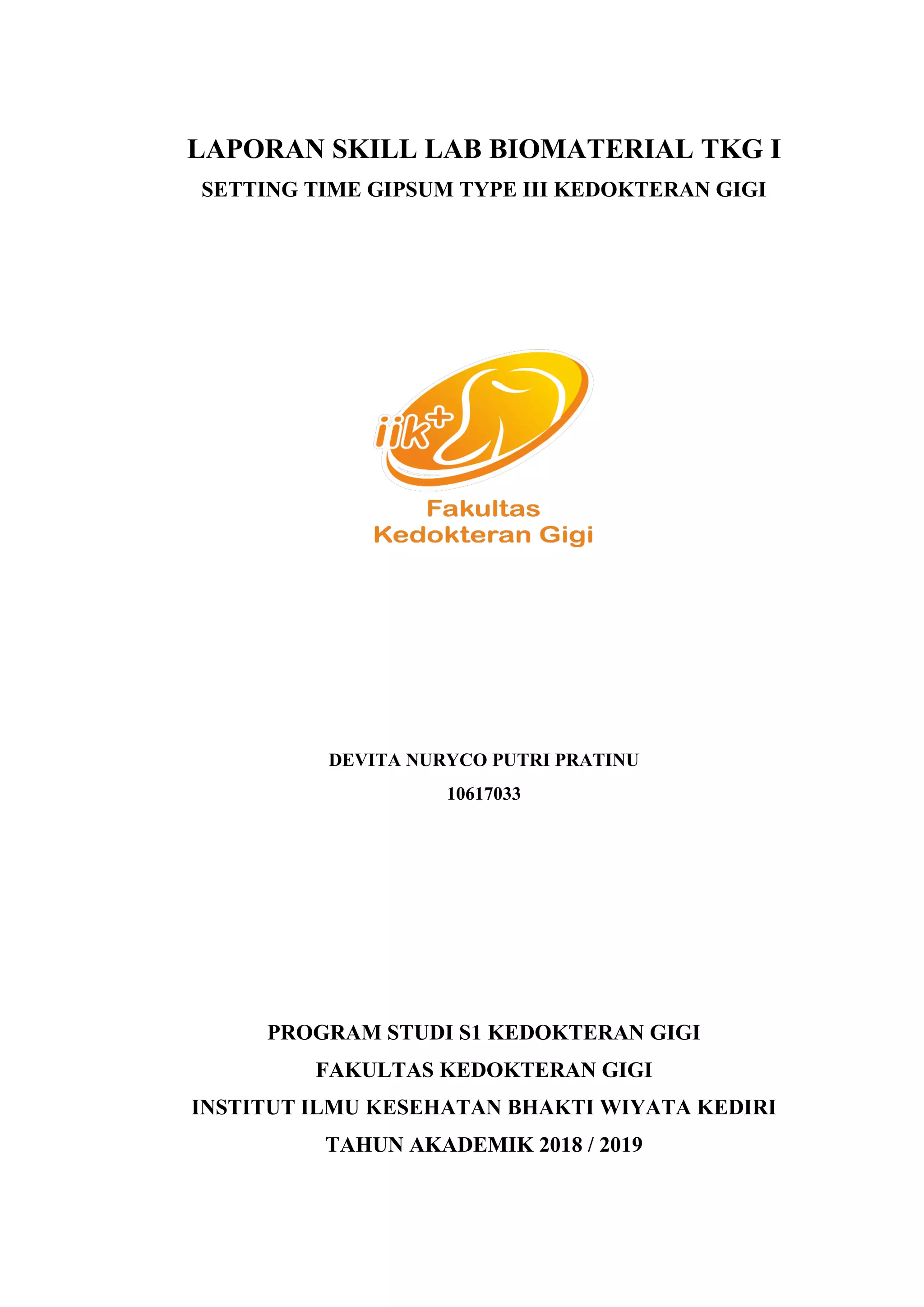 SETTING TIME GYPSUM TYPE III KEDOKTERAN GIGI RASIO W/P PDF