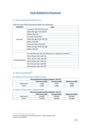 Costs Related to Personnel

1. Personalized Health Care

Costs for some of the Personalized Health Care Institutions:
    Institution                                         Plans
                     Summum Plan (Primary Care)
                    Under the age of 18: US$ 90
                    Adults: US$ 120
                    Summum Classic Plan
     Summum         Under the age of 18: US$ 135
                    Adults: US$ 150
                    Summum Classic Plus Plan
                    Under the age of 18: US$ 180
                    Adults: US$ 225

                         0 to 18 year olds: US$ 101 (Discounts for quantity of children)
                         18 to 29 year olds: US$ 120
                         30 to 39 year olds: US$ 143
 Hospital Británico
                         40 to 49 year olds: US$ 155
                         50 to 55 year olds: US$ 205
                         56 to 60 year olds: US$ 220


2. Housing Rental 21
2.1 Rental of Housing in Montevideo
                               Housing Rental (Coastline) (Approx. 150 m2)
                                      Minimum (US$)          Average (US$)        Maximum (US$)
            Apartment                      1,200                 1,750                3,500
              Home                         1,300                 1,900                3,900

2.2 Sale of Housing in Montevideo
                              Sale of Housing (Coastline) (Approx. 150 m2)
                                       Minimum (US$)         Average (US$)        Maximum (US$)
            Apartment                      159,000              220,000              495,000
              Home                         175,500              245,000              535,000




21 Source: Villamide Real Estate Advisory Services – Valid as of March, 2012.
Values in current dollars.

                                                                                           21
 