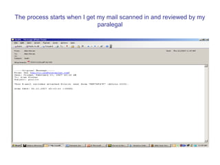 The process starts when I get my mail scanned in and reviewed by my
                              paralegal
 