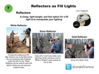 Reflectors as Fill Lights
@campbellcameras
7
Reflectors
A cheap, light-weight, and fast option for a fill
light & to manipulate your lighting
Gives off a Warm Tone
Gold Reflector
Provide the softest-even fill.
Tip: Great to use in-the-field where
the sun produces dark shadows
under the bill of a hat. White
Reflector can be used to cast a fill
light to where you can see your
subject’s eyes
White Reflector
3-in-1 Reflector
Silver Reflector
Gives off a “cool” look. Adds more
light than white. Acts like a mirror.
REALLY Bright if used outside on
sunny day.
 
