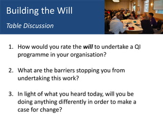 1. How would you rate the will to undertake a QI
programme in your organisation?
2. What are the barriers stopping you from
undertaking this work?
3. In light of what you heard today, will you be
doing anything differently in order to make a
case for change?
Building the Will
Table Discussion
 