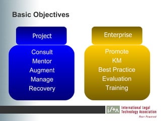 Basic Objectives

     Project        Enterprise

     Consult         Promote
     Mentor             KM
    Augment        Best Practice
    Manage          Evaluation
    Recovery         Training
 