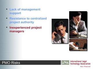  Lack of management
    support
   Resistance to centralized
    project authority
   Inexperienced project
    managers




PMO Risks
 