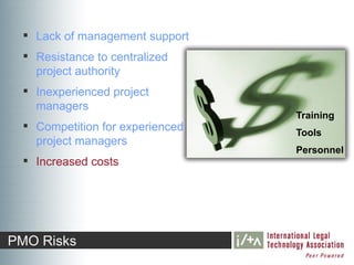  Lack of management support
  Resistance to centralized
   project authority
  Inexperienced project
   managers
                                 Training
  Competition for experienced
                                 Tools
   project managers
                                 Personnel
  Increased costs




PMO Risks
 