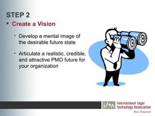 STEP 2
 Create a Vision
  • Develop a mental image of
    the desirable future state

  • Articulate a realistic, credible,
    and attractive PMO future for
    your organization
 