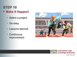 STEP 10
 Make It Happen!
  • Select a project

  • Go easy

  • Lessons learned

  • Continuous
    improvement
 