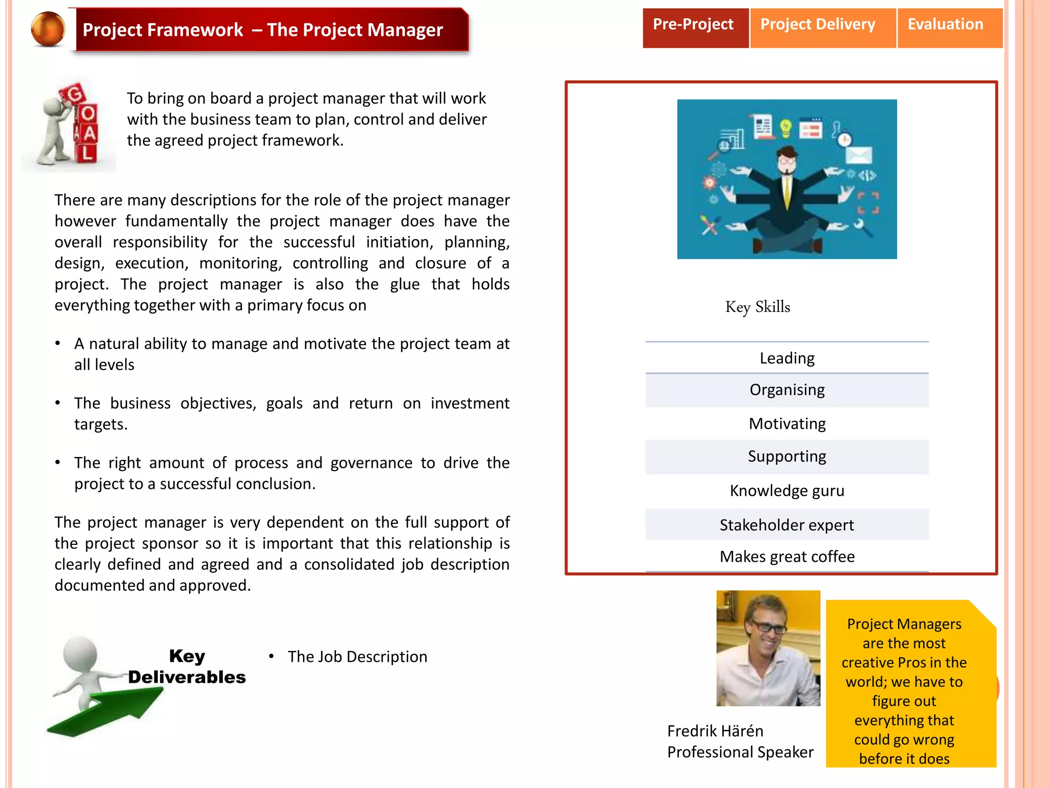 Project Managers
are the most
creative Pros in the
world; we have to
figure out
everything that
could go wrong
before it does
Fredrik Härén
Professional Speaker
Project Framework – The Project Manager
To bring on board a project manager that will work
with the business team to plan, control and deliver
the agreed project framework.
There are many descriptions for the role of the project manager
however fundamentally the project manager does have the
overall responsibility for the successful initiation, planning,
design, execution, monitoring, controlling and closure of a
project. The project manager is also the glue that holds
everything together with a primary focus on
• A natural ability to manage and motivate the project team at
all levels
• The business objectives, goals and return on investment
targets.
• The right amount of process and governance to drive the
project to a successful conclusion.
The project manager is very dependent on the full support of
the project sponsor so it is important that this relationship is
clearly defined and agreed and a consolidated job description
documented and approved.
Leading
Organising
Motivating
Supporting
Knowledge guru
Stakeholder expert
Makes great coffee
Key Skills
• The Job DescriptionKey
Deliverables
Pre-Project Project Delivery Evaluation
 