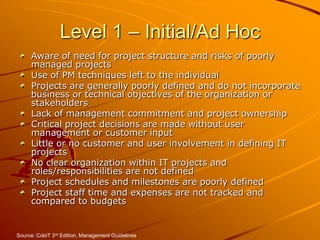 Level 1 – Initial/Ad HocAware of need for project structure and risks of poorly managed projectsUse of PM techniques left to the individualProjects are generally poorly defined and do not incorporate business or technical objectives of the organization or stakeholdersLack of management commitment and project ownershipCritical project decisions are made without user management or customer inputLittle or no customer and user involvement in defining IT projectsNo clear organization within IT projects and roles/responsibilities are not definedProject schedules and milestones are poorly defined Project staff time and expenses are not tracked and compared to budgetsSource: CobiT 3rd Edition, Management Guidelines
