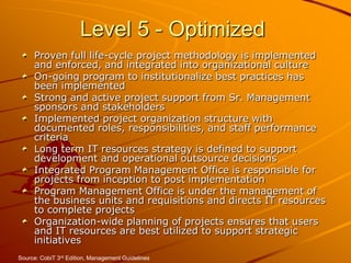 Level 5 - OptimizedProven full life-cycle project methodology is implemented and enforced, and integrated into organizational cultureOn-going program to institutionalize best practices has been implementedStrong and active project support from Sr. Management sponsors and stakeholdersImplemented project organization structure with documented roles, responsibilities, and staff performance criteriaLong term IT resources strategy is defined to support development and operational outsource decisionsIntegrated Program Management Office is responsible for projects from inception to post implementationProgram Management Office is under the management of the business units and requisitions and directs IT resources to complete projectsOrganization-wide planning of projects ensures that users and IT resources are best utilized to support strategic initiativesSource: CobiT 3rd Edition, Management Guidelines