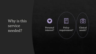 Personal
interest?
Policy
requirement?
Clinical
needs?
 
