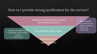 Evidence of benefit from similar
interventions/service
Case burden, unmet needs
Anecdotal needs,
expert opinion
• Clinical benefit
• Cost effectiveness
• Impact to patient,
family and
community• Annual or monthly census
• Morbidity and mortality
reports
• Clinical audit
 