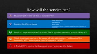 Plan a service flow that will fit in to current services
Consider the different phases
Patient identification
Referral process
Service details
Termination of service / transition to adult services / transition to
community
Who is in charge of each step of the service flow? E.g. patient assessment by nurse / MA / MO?
Which steps / processes where the service will interact with others / collaboration? E.g.
Community NGO / leaders, procurement of equipment via MSW
A detailed SOP is required for the proposal for service to request for budget
 