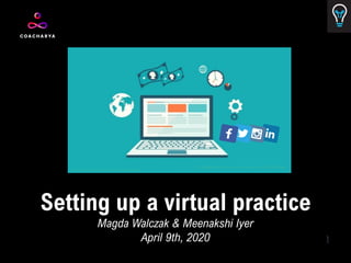 Setting up a virtual practice
Magda Walczak & Meenakshi Iyer
April 9th, 2020 1
This Photo by Unknown Author is licensed under CC BY-NC
This Photo by Unknown Author is licensed under CC BY-SA-NC
 