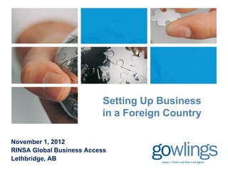 Setting Up Business
                          in a Foreign Country

November 1, 2012
RINSA Global Business Access
Lethbridge, AB
 