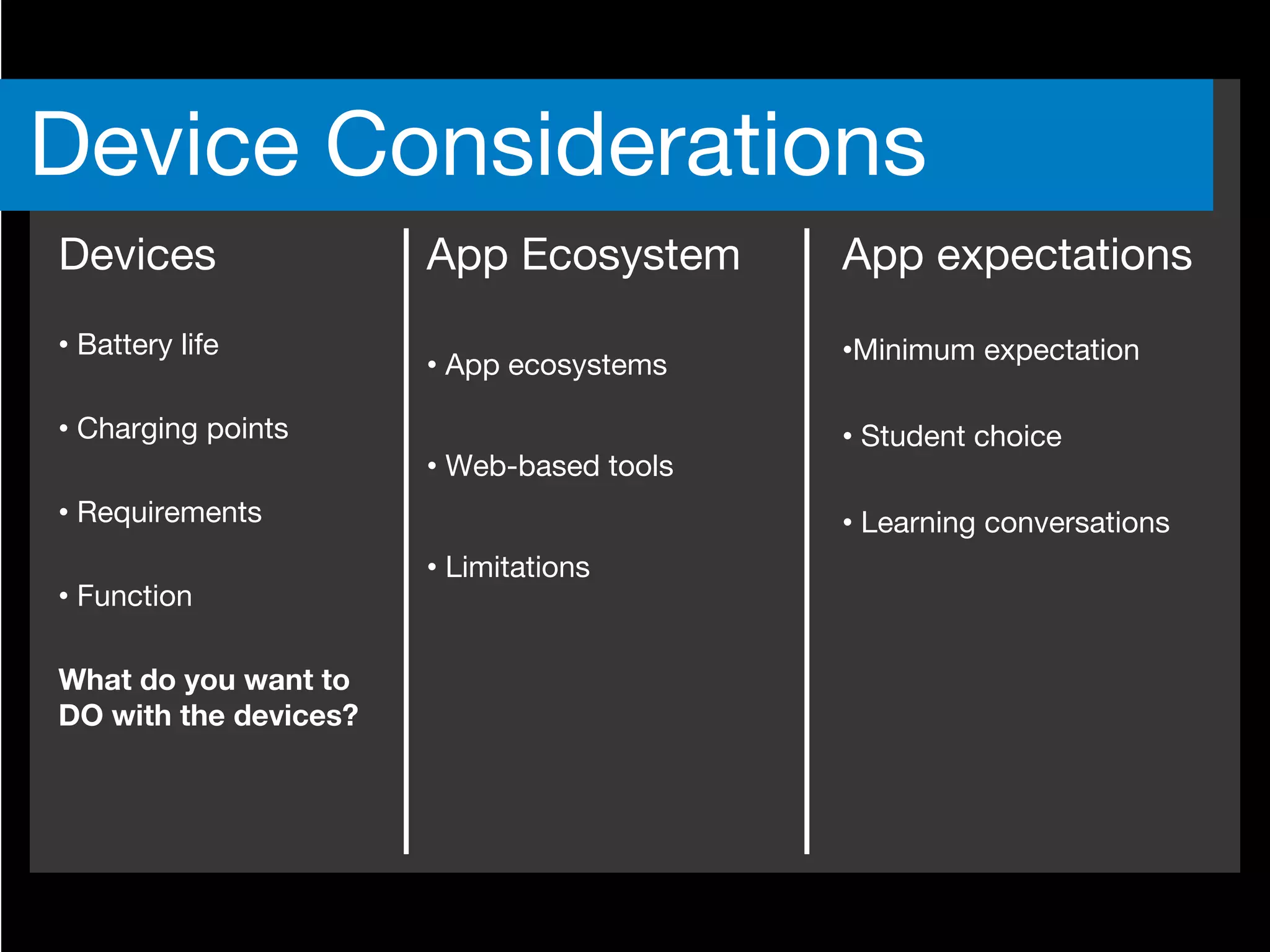 Devices
• Battery life
• Charging points
• Requirements
• Function
What do you want to
DO with the devices?
App Ecosystem
• App ecosystems
• Web-based tools
• Limitations
App expectations
•Minimum expectation
• Student choice
• Learning conversations
Device Considerations
 