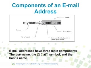 Components of an E-mail Address E-mail addresses have three main components – The username, the @ (“at”) symbol, and the host’s name. 