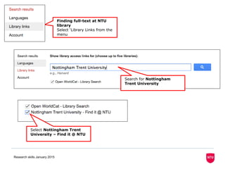 Research skills January 2015
Finding full-text at NTU
library
Select ‘Library Links from the
menu
Search for Nottingham
Trent University
Select Nottingham Trent
University – Find it @ NTU
 